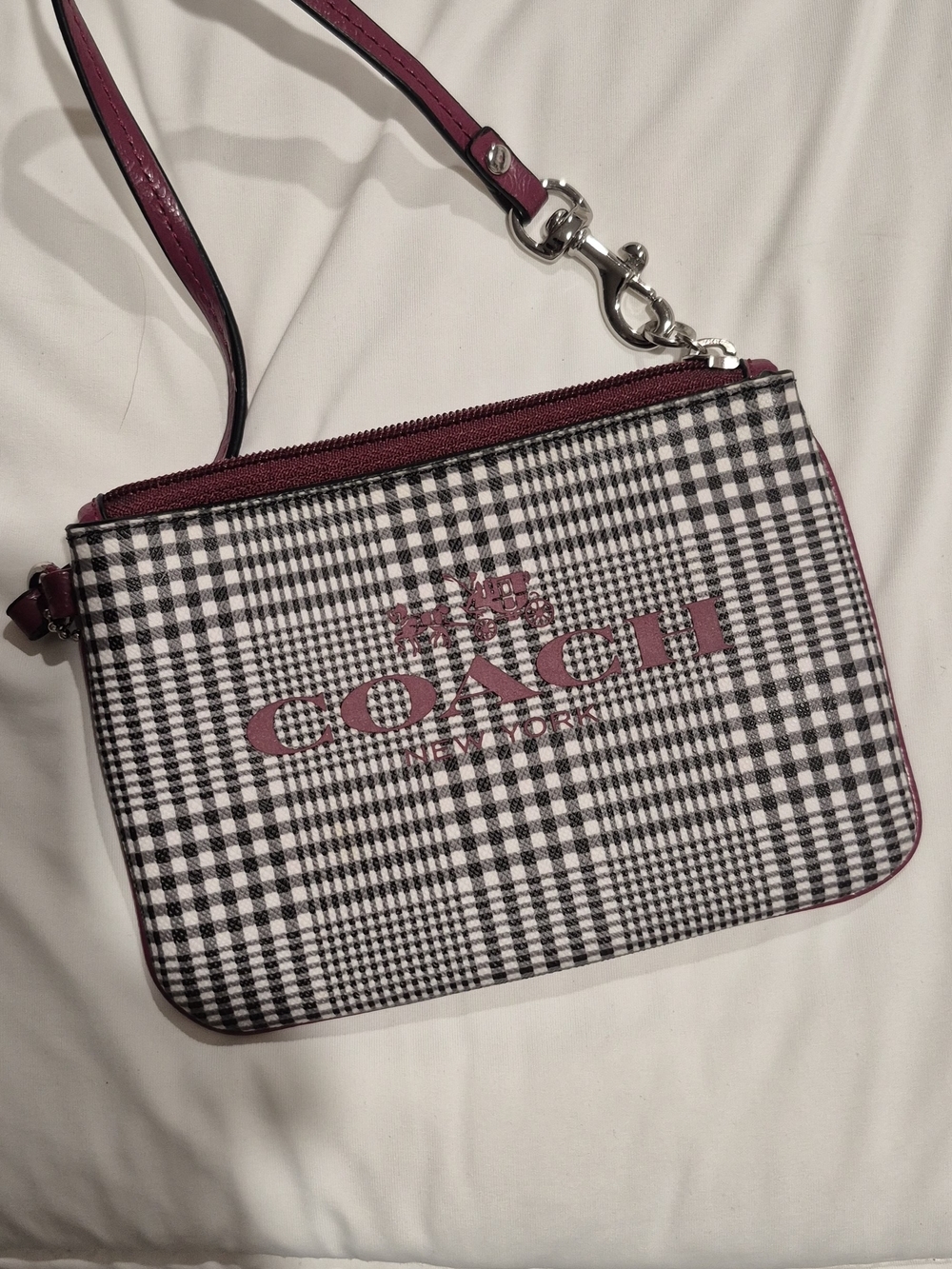 COACH Black & White Gingham Wristlet with Pink Trim